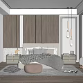 Modern Bedroom Interior Featuring Wooden Panel Headboard Pendant Lights And Soft Bedding 3d model