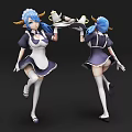 Game Movie Character Blue Hair Horns Maid Outfit Holding Tray White Stockings Front Back Views