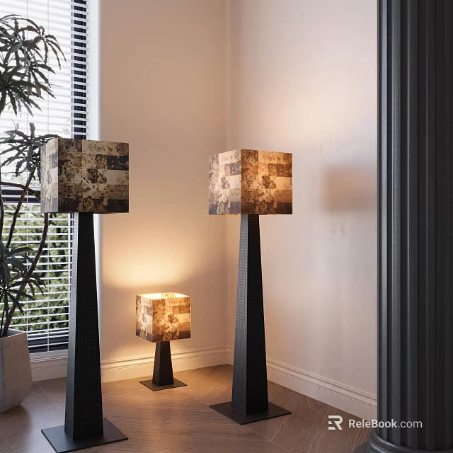 Modern Textured Shade Floor Lamps In Indoor Corner With Window And Plant 3d model 