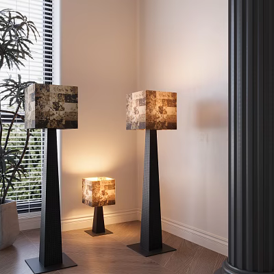 Modern Textured Shade Floor Lamps In Indoor Corner With Window And Plant 3d model