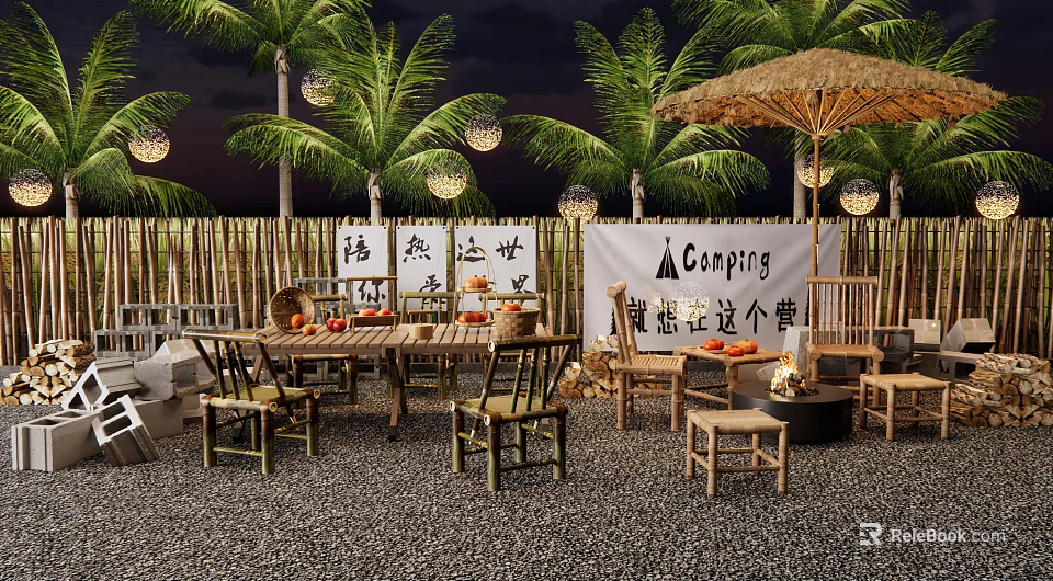 Bamboo Landscape Seats in Outdoor Camping Space with Palm Trees and Lanterns at Night 3d model 