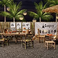 Bamboo Landscape Seats in Outdoor Camping Space with Palm Trees and Lanterns at Night