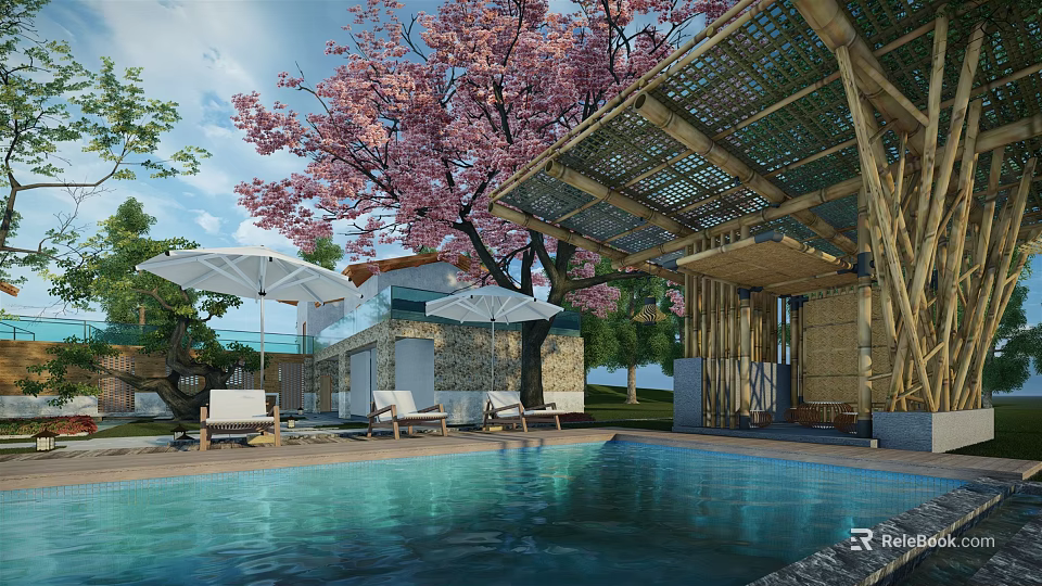 Scenic Boutique Villa With Swimming Pool Cherry Blossom Tree Wooden Structure And Stone Walls 3d model 