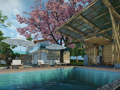 Scenic Boutique Villa With Swimming Pool Cherry Blossom Tree Wooden Structure And Stone Walls 3d model