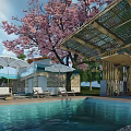 Scenic Boutique Villa With Swimming Pool Cherry Blossom Tree Wooden Structure And Stone Walls