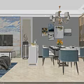 Elegant Modern Living and Dining Room Interior With Chandelier Dining Table and Decorative Paintings