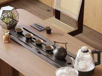 Elegant Tea Set With Ceramic Teapot Glass Teapot Teacups And Tea Tray On Wooden Table 3d model