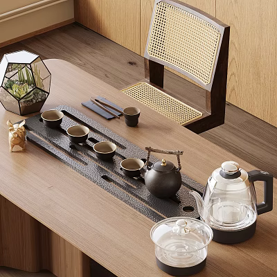 Elegant Tea Set With Ceramic Teapot Glass Teapot Teacups And Tea Tray On Wooden Table 3d model
