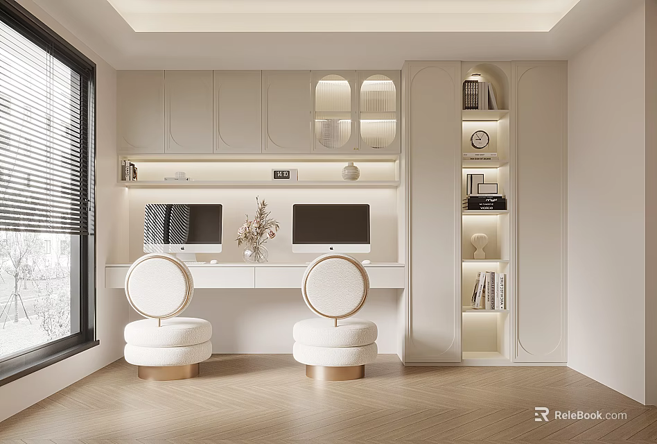 Modern Study Room With Dual Computer Monitors White Round Chairs And Built-in Bookshelves 3d model 