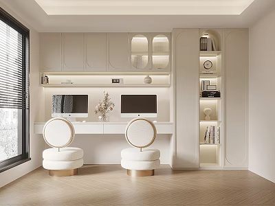 Modern Study Room With Dual Computer Monitors White Round Chairs And Built-in Bookshelves 3d model