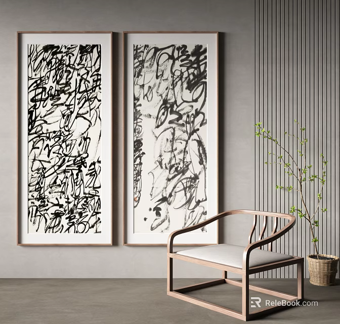 Interior Scene Featuring Black And White Abstract Paintings Wooden Chair And Green Plant 3d model 