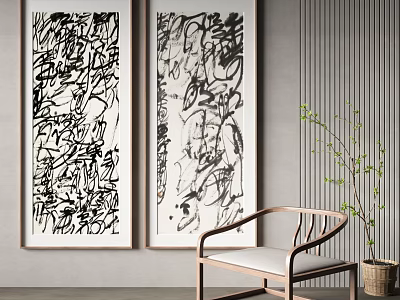 Interior Scene Featuring Black And White Abstract Paintings Wooden Chair And Green Plant 3d model