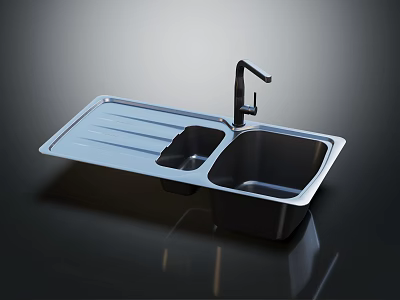 Stainless Steel Double Bowl Kitchen Sink With Faucet And Striped Drainboard 3d model