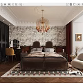 Elegant Bedroom Interior With Chandelier Patterned Wallpaper Dark Brown Bed Rug And Chair