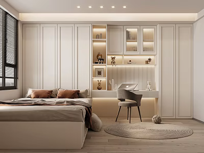 Modern Tatami Bedroom Design With Built in Storage Desks Decorative Items And Wooden Floors 3d model