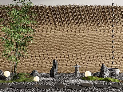 Textured Bamboo Partition With Bamboo Plant Stones Lanterns Pebbles And Moss 3d model