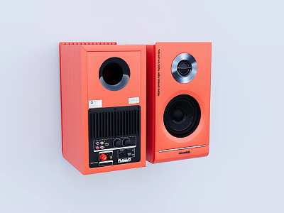Orange Retro Audio Speakers With Wooden Cabinet And Front Panel Control Buttons 3d model