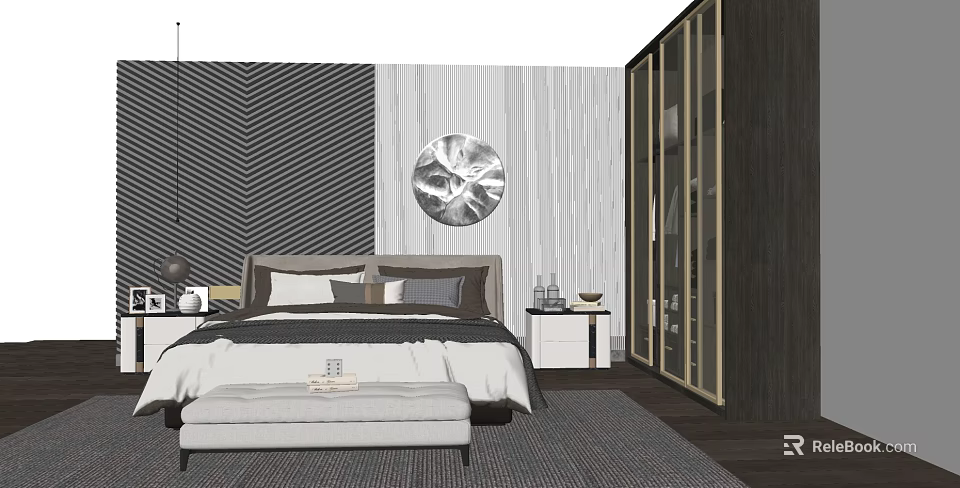 Modern Double Bed In Bedroom With Herringbone Wall Round Mirror And Wardrobe 3d model