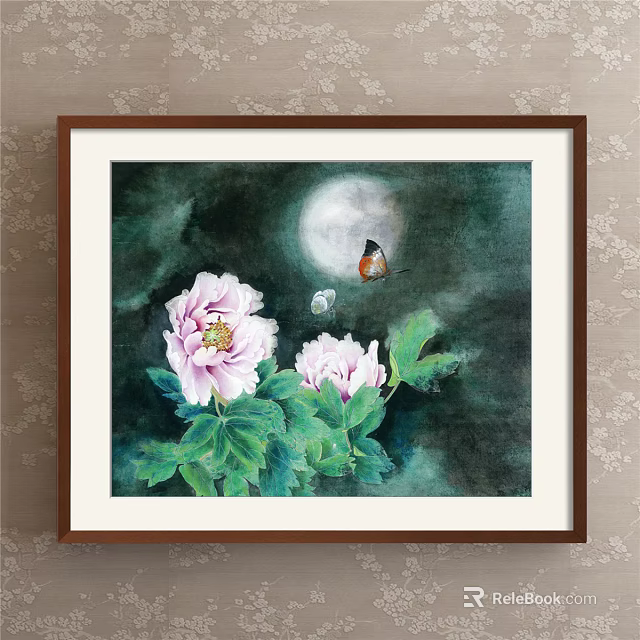Framed Botanical Painting With Pink Peonies Green Leaves And Moonlit Bird 3d model 