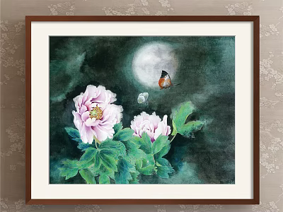 Framed Botanical Painting With Pink Peonies Green Leaves And Moonlit Bird 3d model