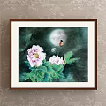 Framed Botanical Painting With Pink Peonies Green Leaves And Moonlit Bird