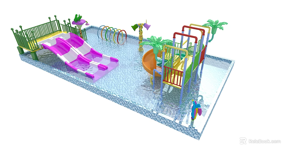 Water Park Play Equipment With Pink Slides Colorful Climbing Frames Palm Trees And Shallow Pool 3d model 