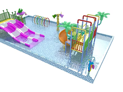 Water Park Play Equipment With Pink Slides Colorful Climbing Frames Palm Trees And Shallow Pool 3d model