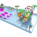 Water Park Play Equipment With Pink Slides Colorful Climbing Frames Palm Trees And Shallow Pool