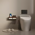 Modern White Toilet With Wall Mounted Wooden Shelf Toiletries Round Mat And Slippers