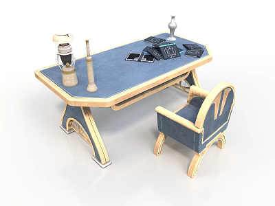 Blue And Gold Desk With Matching Chair And Elegant Design Featuring Lamp Candlestick And Books 3d model