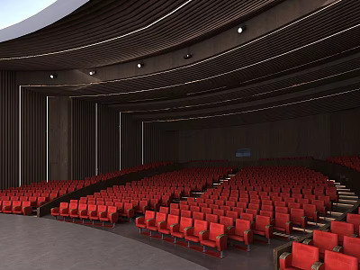 Modern Conference Room Design Featuring Red Seats Curved Wooden Panels And Lighting 3d model