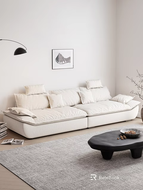 Modern Beige Fabric Three-Seater Sofa With Plush Pillows Soft Rug And Coffee Table 3d model 