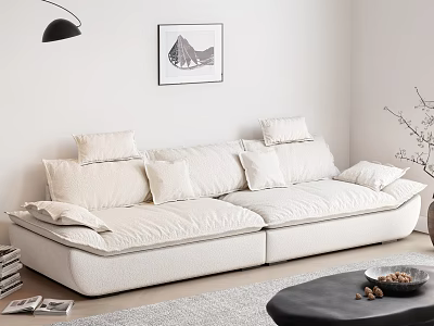 Modern Beige Fabric Three-Seater Sofa With Plush Pillows Soft Rug And Coffee Table 3d model