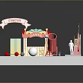 Vibrant Circus Scene With Green Plant Decorations And Colorful Tents Props