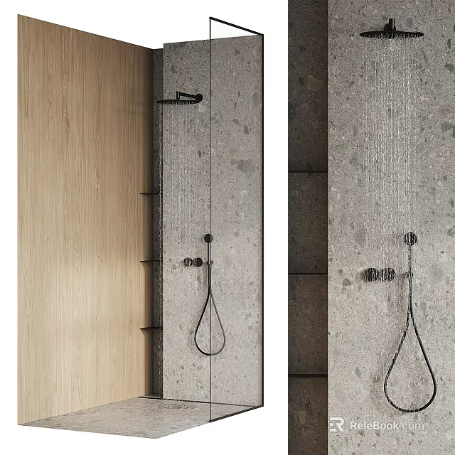 Modern Wall Mounted Shower Head With Concrete Wall And Wooden Panel In Bathroom 3d model 