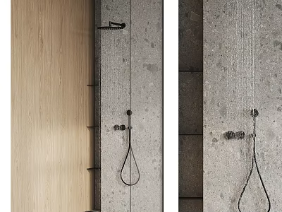 Modern Wall Mounted Shower Head With Concrete Wall And Wooden Panel In Bathroom 3d model