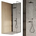 Modern Wall Mounted Shower Head With Concrete Wall And Wooden Panel In Bathroom