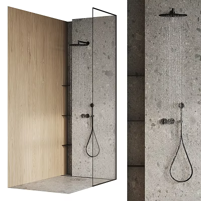 Modern Wall Mounted Shower Head With Concrete Wall And Wooden Panel In Bathroom 3d model