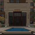 Main Entrance Of Beige Brown Building With Glass Door Front Water Pool And Symmetrical Stone Decorations