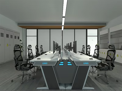 Modern Office Interior With Long Worktable Computer Monitors Black Chairs Large Windows And Storage Cabinets 3d model