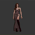 Red Haired Woman In Dark Purple Long Dress With Thigh High Boots And Gray Background