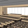 Spacious Conference Room With Wooden Walls Modern Ceiling And Rows Of Seats