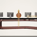 Elegant Modern Reception Desk Interior With Marble Top Wooden Frame And Computer Monitors