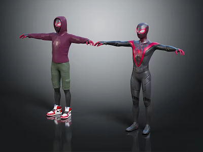 Two Animated Characters In Purple Hoodie And Black Spider Suit Holding Hands With Outstretched Arms 3d model