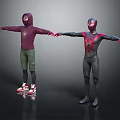 Two Animated Characters In Purple Hoodie And Black Spider Suit Holding Hands With Outstretched Arms