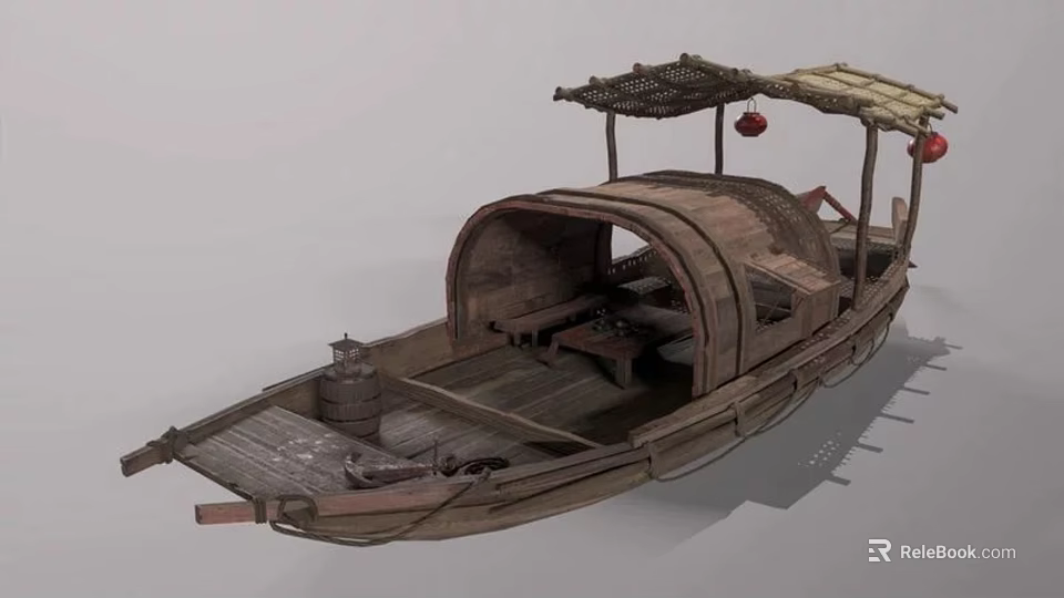 Traditional Wooden Boat With Bamboo Canopy Red Lanterns And Wooden Deck 3d model 