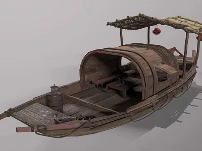 Traditional Wooden Boat With Bamboo Canopy Red Lanterns And Wooden Deck 3d model