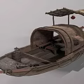 Traditional Wooden Boat With Bamboo Canopy Red Lanterns And Wooden Deck