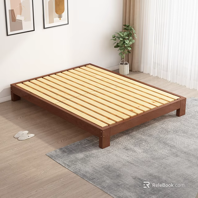 Double Bed With Wooden Frame Slatted Base In Wooden Floor Bedroom With Plant 3d model 