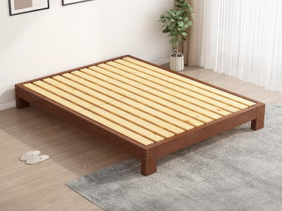 Double Bed With Wooden Frame Slatted Base In Wooden Floor Bedroom With Plant 3d model